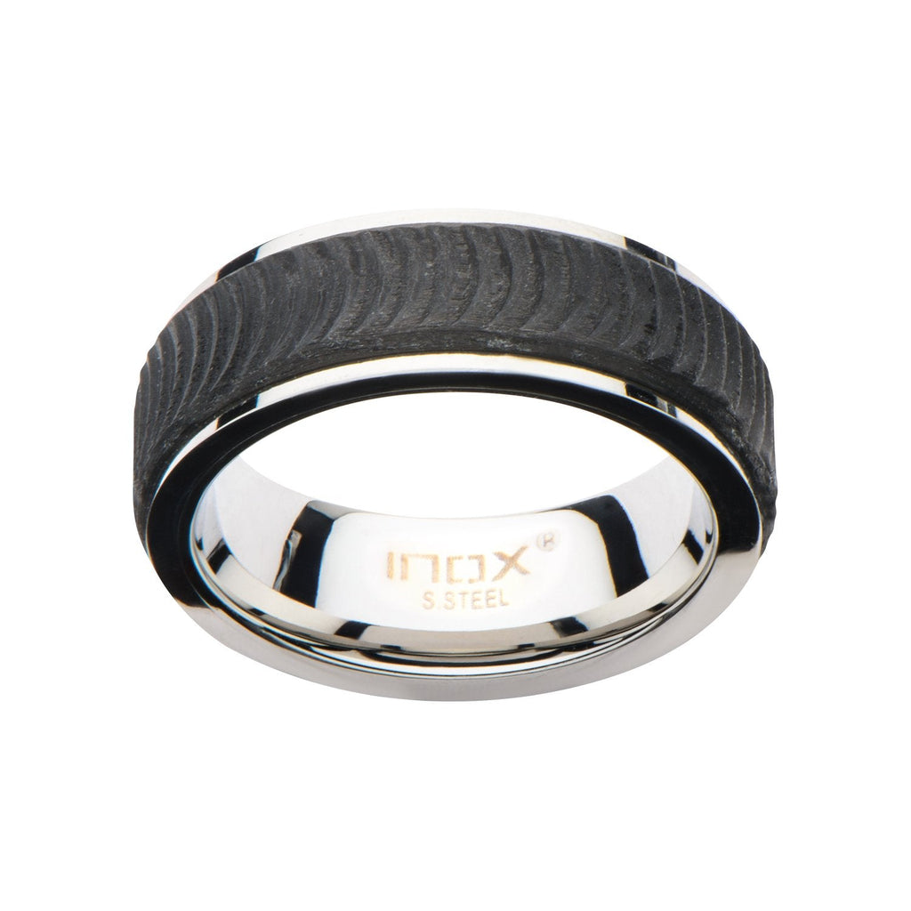 Mens Center Solid Carbon Fiber Ridged Stainless Steel Ring