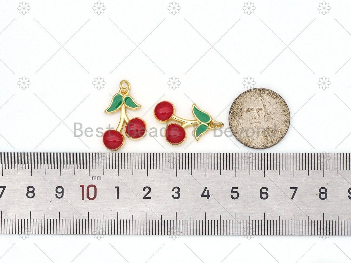 Enamel Red Cherry Shape with Green Leaf Pendant, LK475