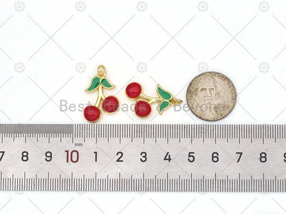 Enamel Red Cherry Shape with Green Leaf Pendant, LK475