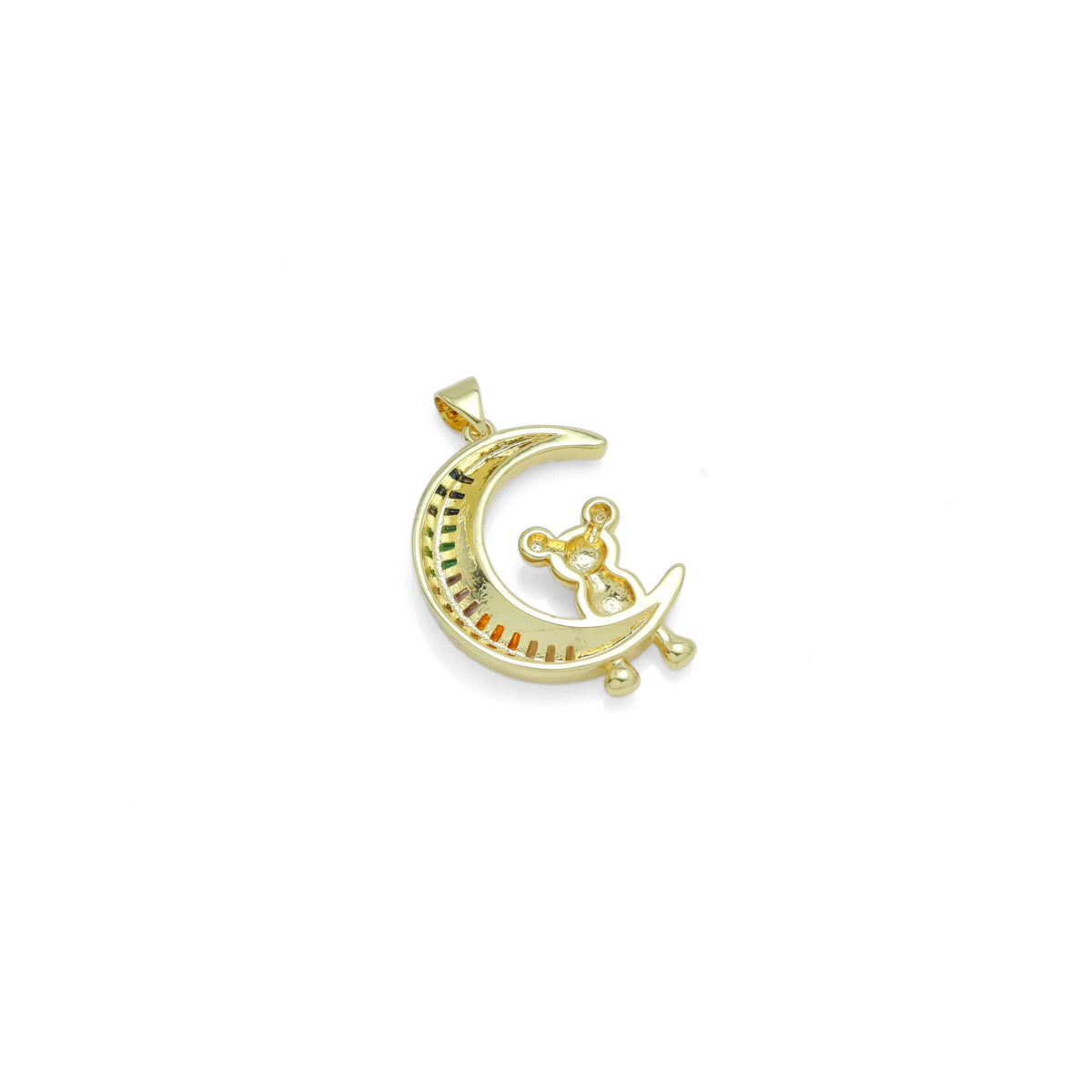 Colorful Baguette CZ Pave Teddy Bear on Cresent Moon Pendant