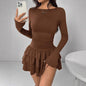 Round-neck Sheath Dress With Pleats And Long Sleeves