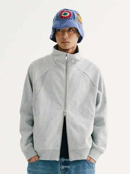 Retro Solid-color Curved-cut Stand-collar Zip-up Hoodie