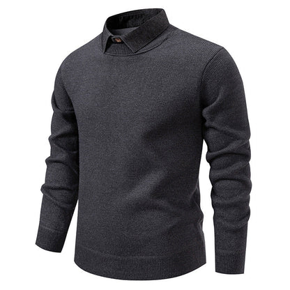 Mens Faux Two-piece Base-layer Knit Casual Shirt-collar Sweater