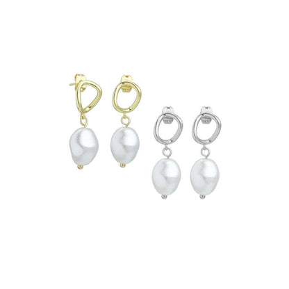 Gold Silver Oval Link Pearl Pendant Hoop Earrings, Sku#A324