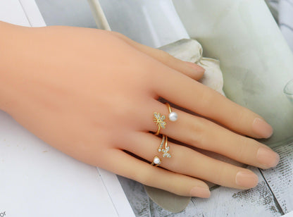 CZ Pave Butterfly Bee Pearl Ring, Sku#LD307