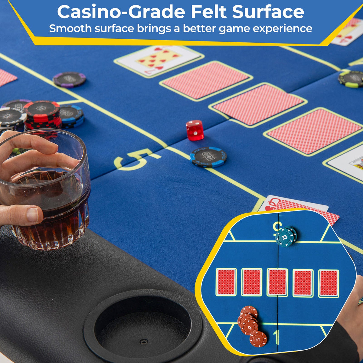72 x 36 x 30.5 Inch Foldable Poker Table with 8 Cup Holders-Blue