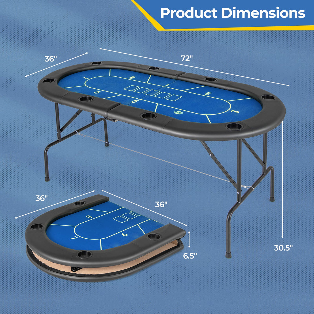 72 x 36 x 30.5 Inch Foldable Poker Table with 8 Cup Holders-Blue