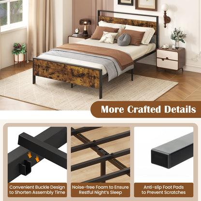 King Metal Bed Frame Industrial Platform Bed with Wooden Headboard