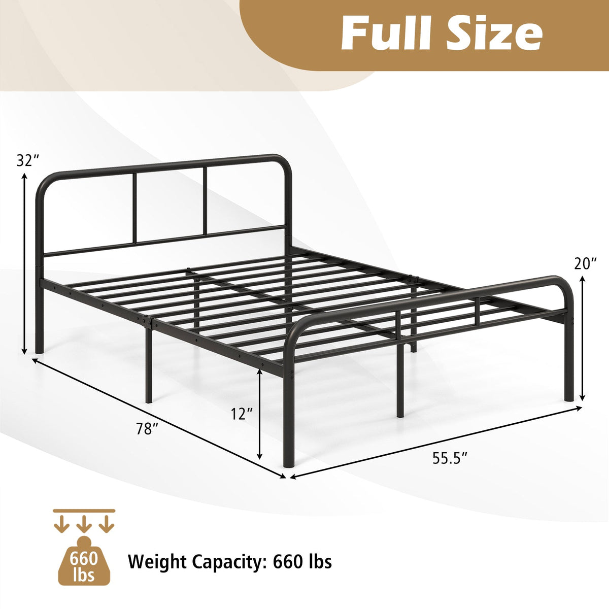 Full Bed Frame with Headboard and Footboard No Box Spring Needed-Black