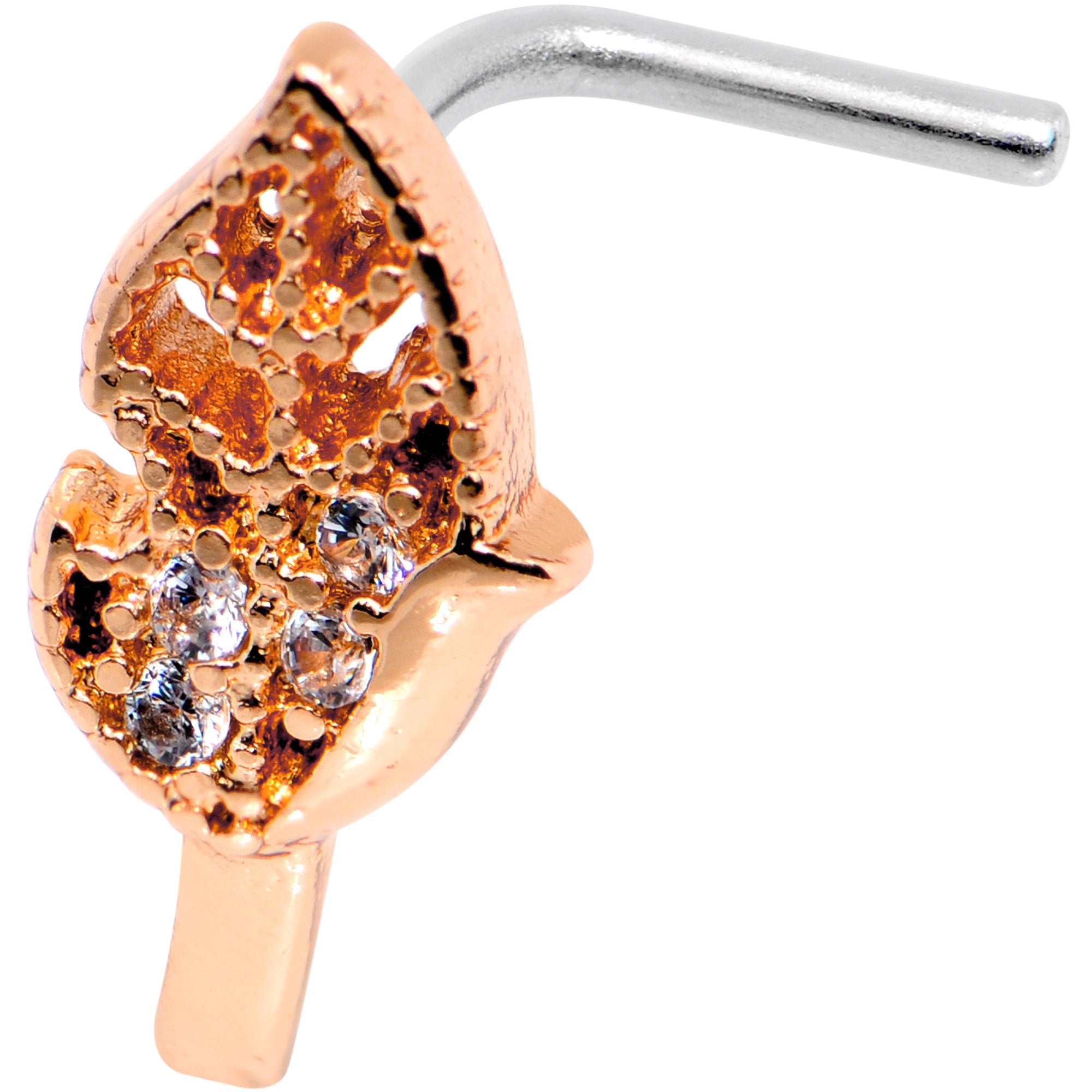 20G Clear CZ Rose Gold Tone Leaf Faux Hoop L Shaped Nose Ring