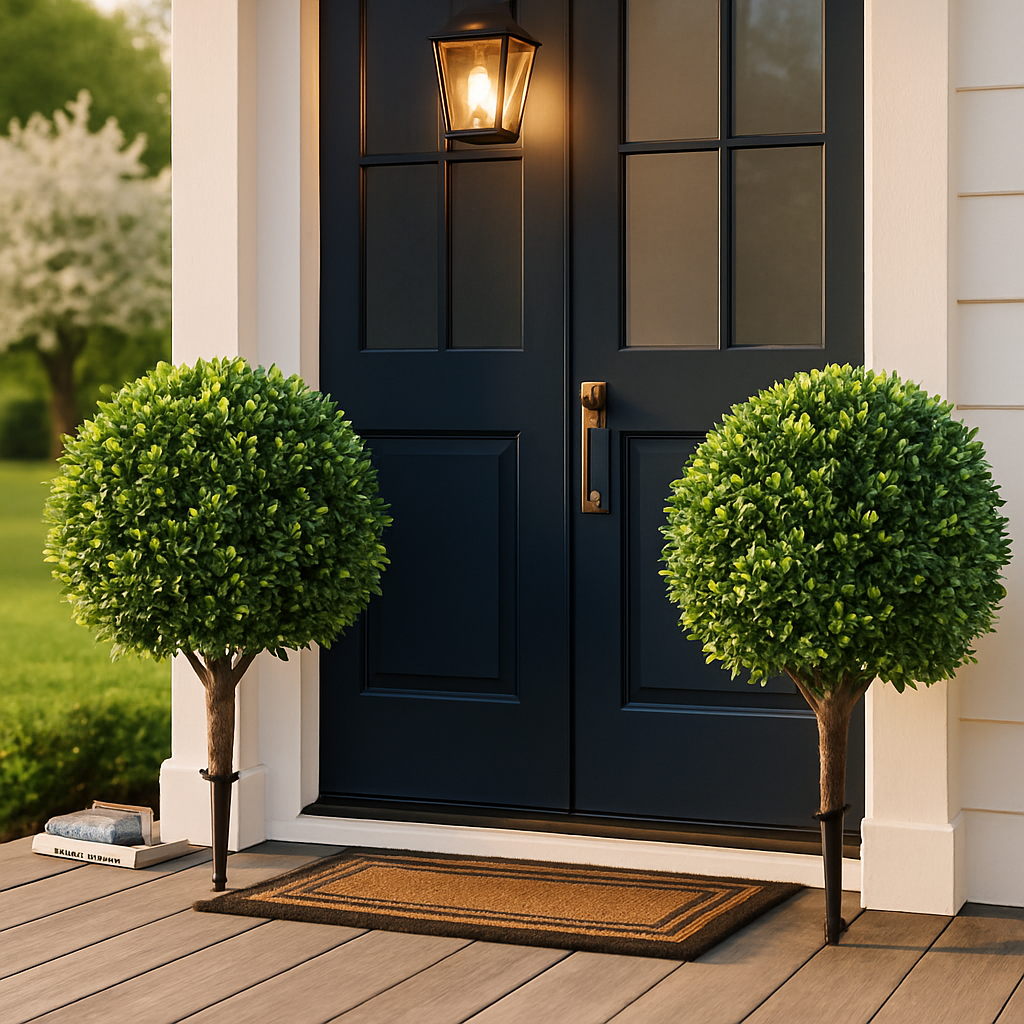 2 Packs Faux Boxwood Ball Trees Artificial Peanut Topiary Tree UV Resistant Artificial Shrubs Fake Plants Evergreen Artificial Bush with Ground Spike