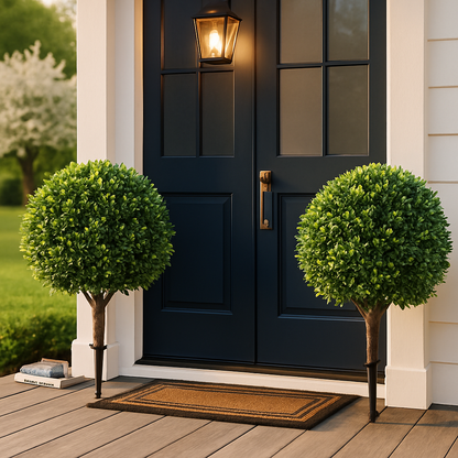 2 Packs Faux Boxwood Ball Trees Artificial Peanut Topiary Tree UV Resistant Artificial Shrubs Fake Plants Evergreen Artificial Bush with Ground Spike