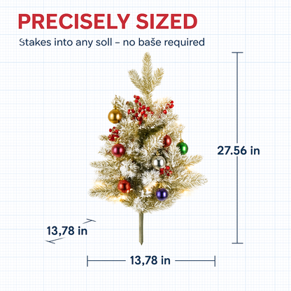 2Pcs Battery Powered Lighted Christmas Tree Urn Filler With Light Artificial Xmas Trees Light with Berries Balls LED Pathway Pine Tree IP44 Waterproof