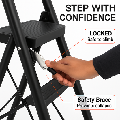 3-Step Foldable Ladder with Wide Pedals and Locking Safety