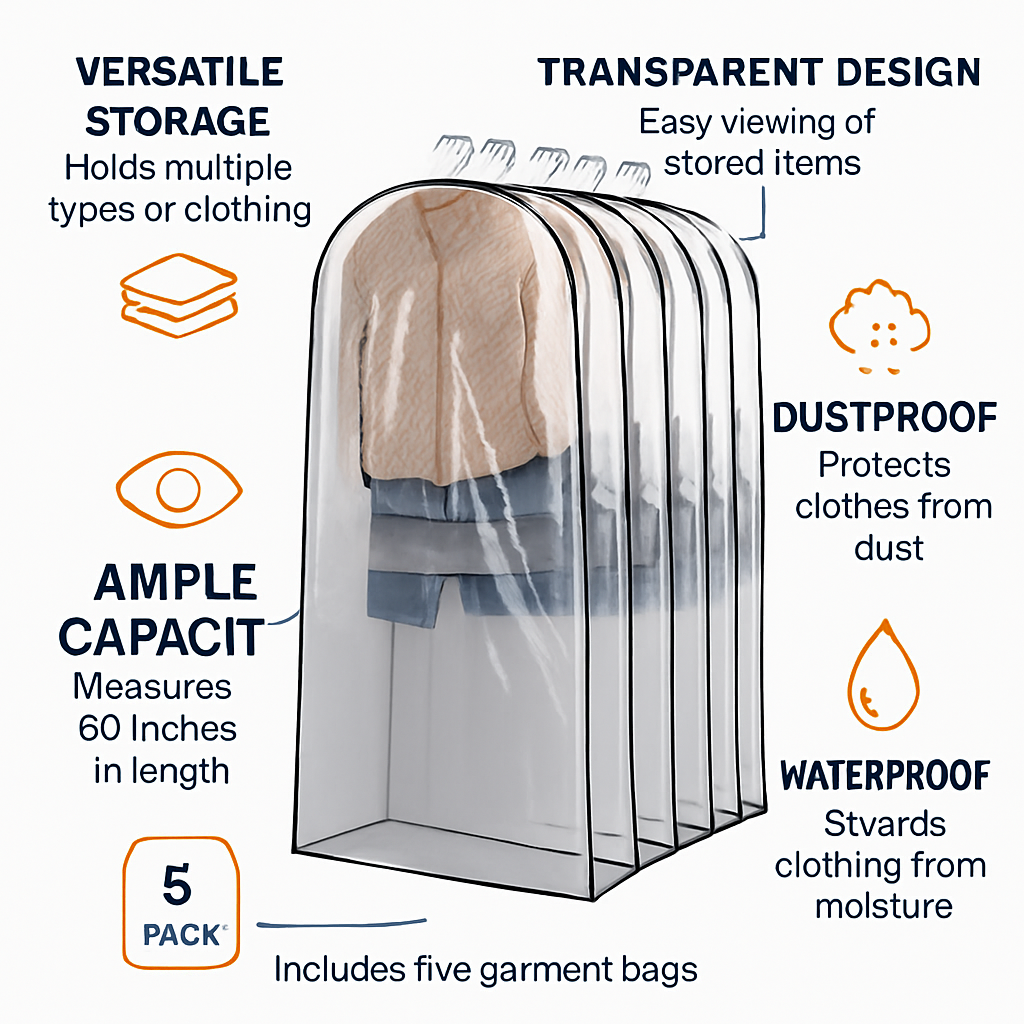 5 Pack 60In Garment Bag for Hanging Clothes Dustproof Waterproof Hanging Clothes Storage Bag Clear Transparent Suits Cover for Sweater Jacket Coat Dre