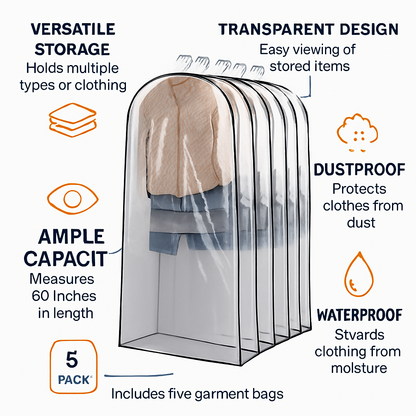 5 Pack 60In Garment Bag for Hanging Clothes Dustproof Waterproof Hanging Clothes Storage Bag Clear Transparent Suits Cover for Sweater Jacket Coat Dre