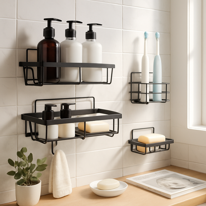 5 Pack Shower Caddy Shelves with 18 Inbuilt Hooks Rustproof Wall-Mounted Storage Shelves for Bathroom Dorm Kitchen Adhesive Bathroom Organizer for Sha