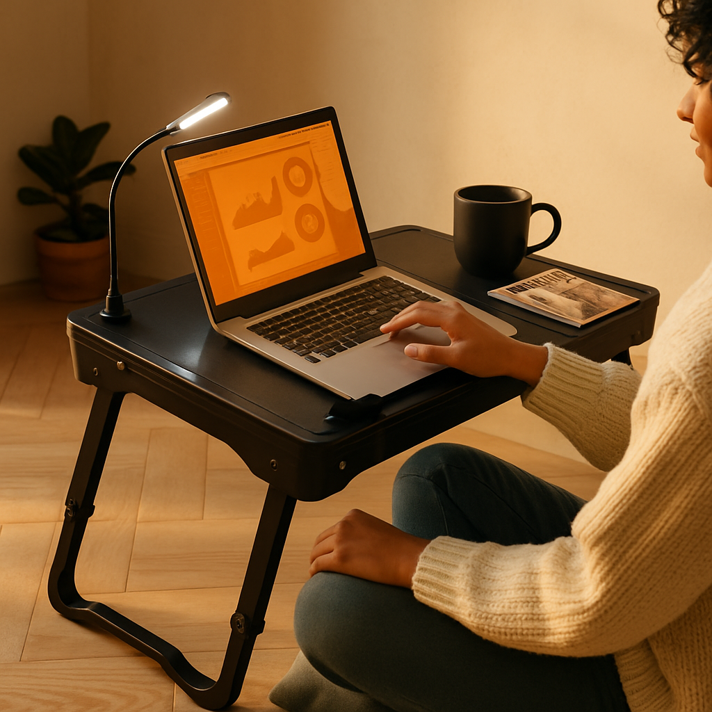 Foldable Laptop Table Bed Notebook Desk w/Cooling Fan Mouse Board LED light 4 x USB Ports Breakfast Snacking Tray with Storage Groove For Home Office