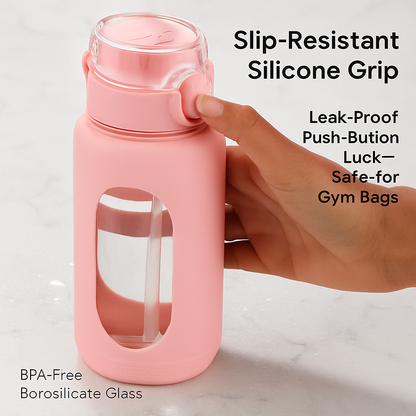 Glass Water Bottle with Straw and Time Marker