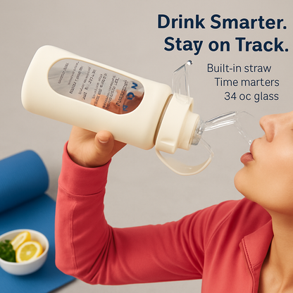 Glass Water Bottle with Straw and Time Marker