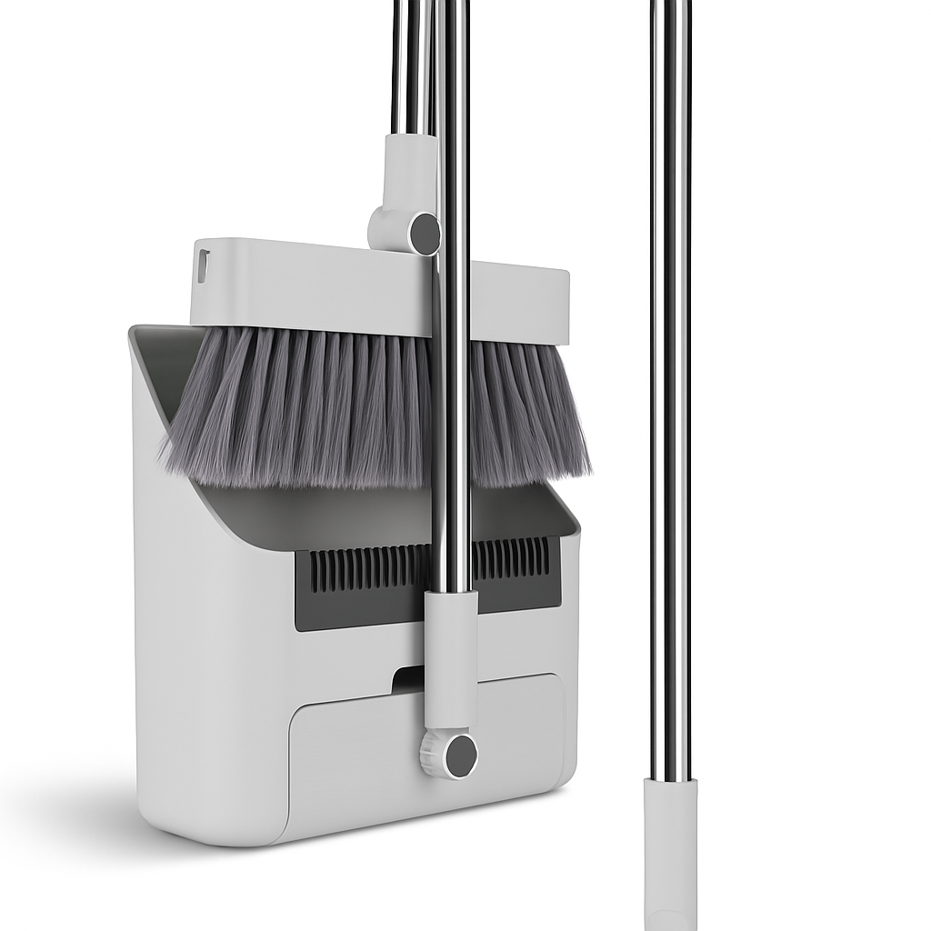 4-in-1 Upright Broom and Dustpan Set - Stainless Steel Handle