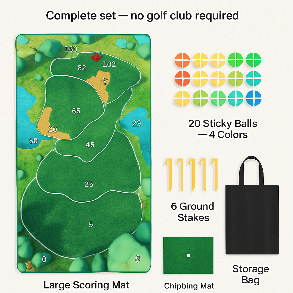 Golf Game Set: Indoor/Outdoor Chipping Mat & Sticky Balls