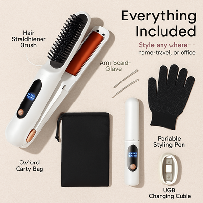 2 In 1 Ceramic Hair Straightener Flat Iron Cordless Hair Straightener Brush Hair Portable Styling Iron with Carry Bag Anti-scald Gloves 2 Hairpins