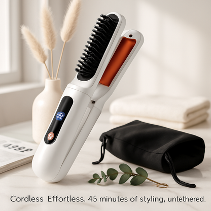 2 In 1 Ceramic Hair Straightener Flat Iron Cordless Hair Straightener Brush Hair Portable Styling Iron with Carry Bag Anti-scald Gloves 2 Hairpins