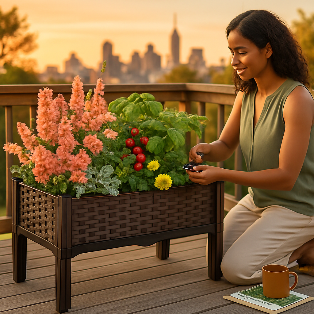 Outdoor Raised Garden Bed with Legs Elevated Planter Box with Self-watering System for Garden Patio Balcony Vegetables Flowers Herbs PP Plastic Box Ea