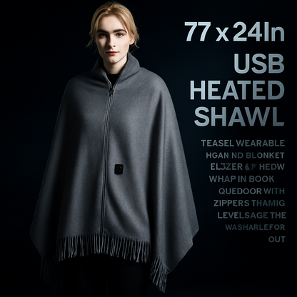 77x24In USB Heated Shawl with Teasel Wearable Heating Blanket Electric Throw Wrap Indoor Outdoor with Zipper 3 Heating Levels Machine Washable for Out