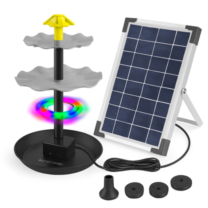 3-Tier Solar Bird Bath Fountain Solar Powered Water Pump Waterfall Feature with Colorful Light 3 Nozzles 6W Solar Panel for Bird Bath Patio Yard Pond