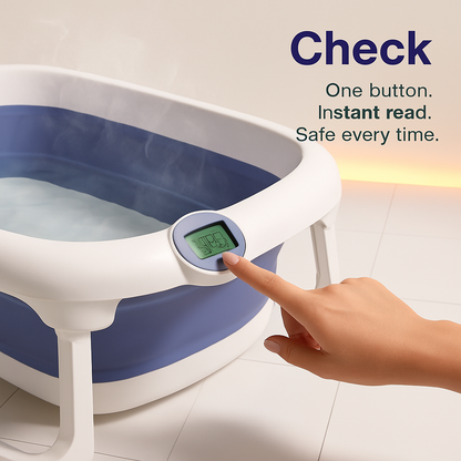 Baby Bath Tub with Thermometer Collapsible Travel-Friendly 0-24Months Baby Bathtub with Drain Hole For Newborn Infant Toddler Odorless Non-Toxic Folda