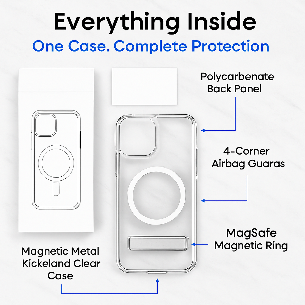 Metal Kickstand Clear Case for iPhone – MagSafe Ready