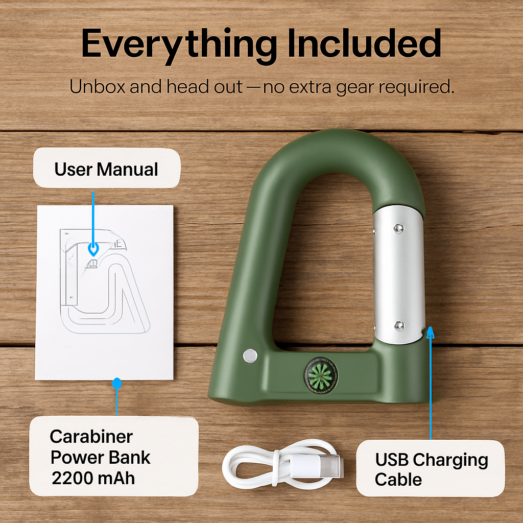 2200mAh Power Bank w/Emergency Flashlight Compass Carabiner-Shaped Hiking Camping Use