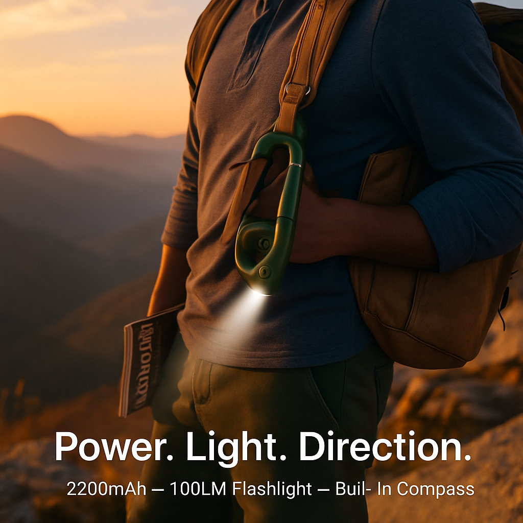 2200mAh Power Bank w/Emergency Flashlight Compass Carabiner-Shaped Hiking Camping Use