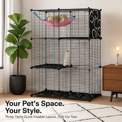 3-Tier Cat Cage Enclosure with Hammock & Toy Ball