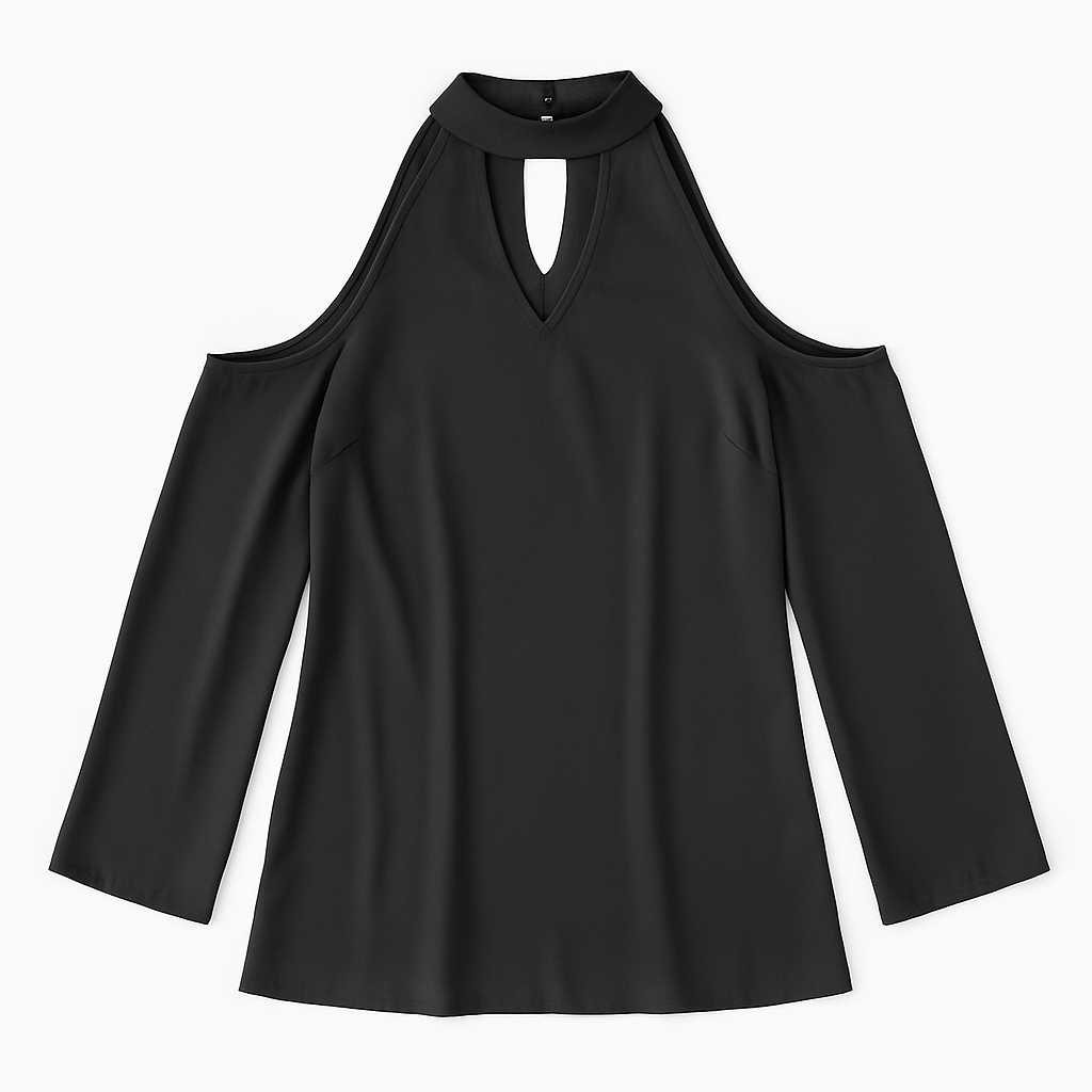 Off-the-Shoulder Blouse with V-Neck and Long Sleeves