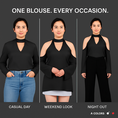 Off-the-Shoulder Blouse with V-Neck and Long Sleeves