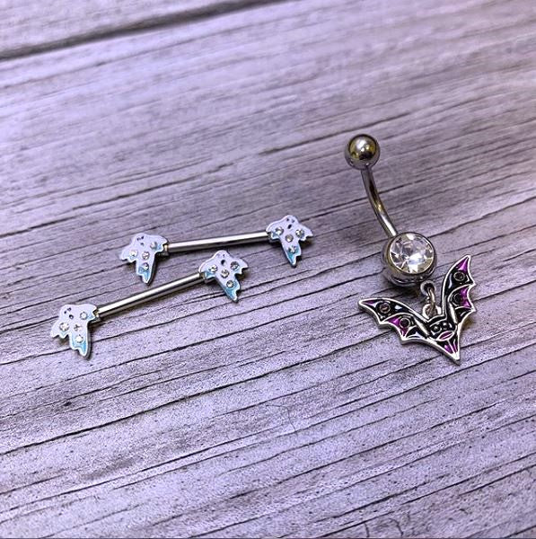 Clear Purple Gem Black Purple Bat Halloween Dangle Belly Ring
