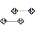 9/16 Clear Gem Iridescent Rainbow Flower Barbell Nipple Ring Set