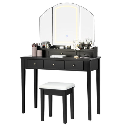 Vanity Table Stool Set with Large Tri-folding Lighted Mirror