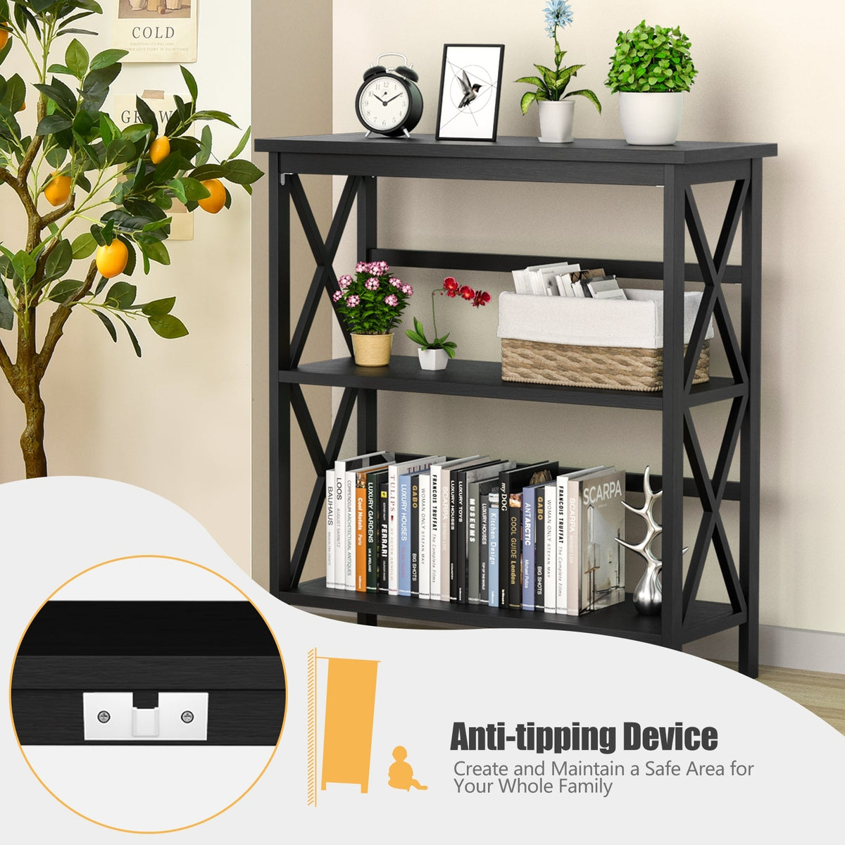 3-Tier Wooden Multi-Functional X-Design Etagere Storage Bookshelf