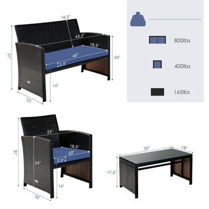 4 Pieces Patio Rattan Cushioned Furniture Set with Coffee Table-Black