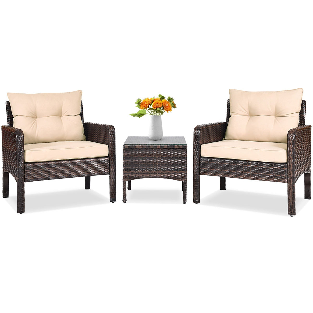 3 Pcs Outdoor Patio Rattan Conversation Set with Seat Cushions-Black