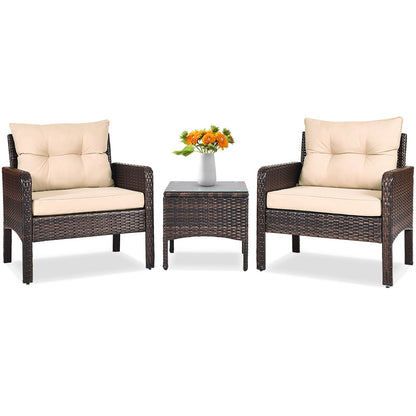 3 Pcs Outdoor Patio Rattan Conversation Set with Seat Cushions-Black