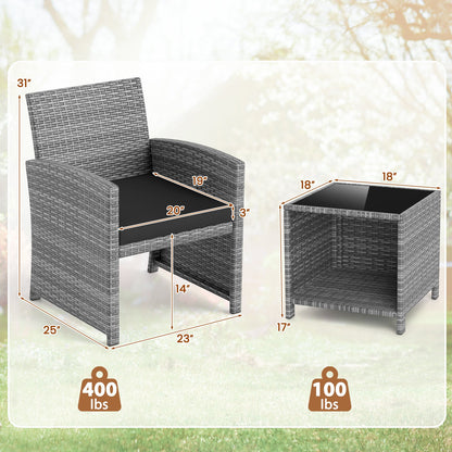 3 Pieces Patio Furniture Set with Tempered Glass Coffee Table and Soft Seat Cushions