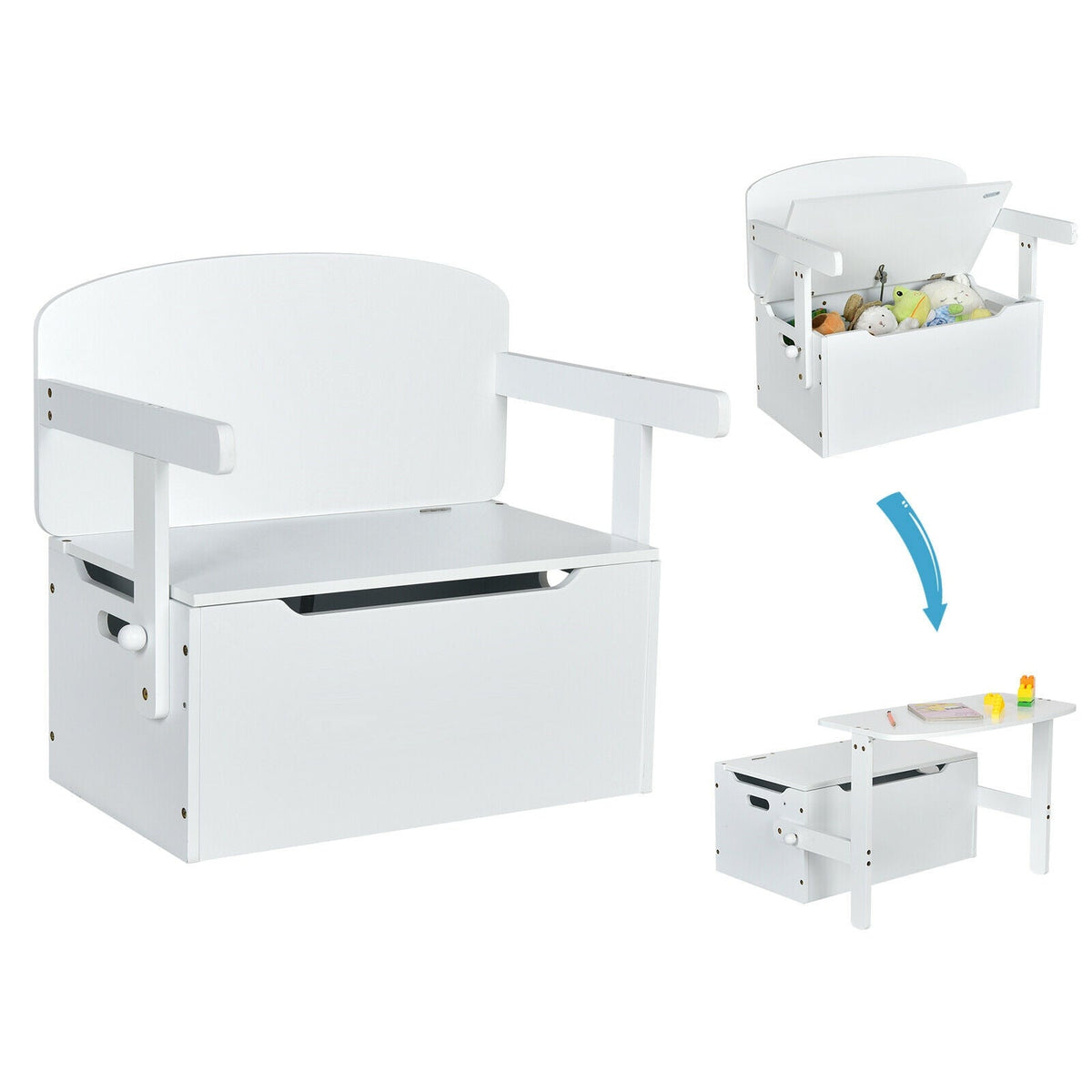3-in-1 Kids Convertible Storage Bench Wood Activity Table and Chair Set-White