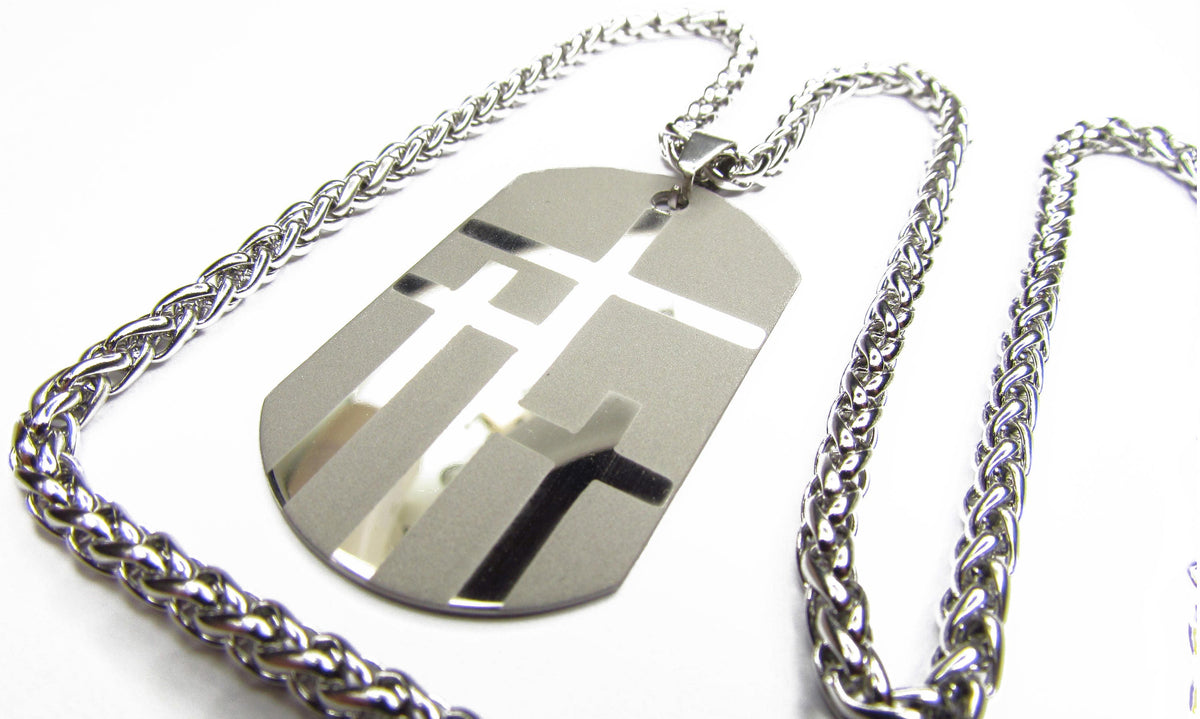 Large silver 3 crosses dog tag necklace handmade triple cross custom personalized waterproof stainless steel