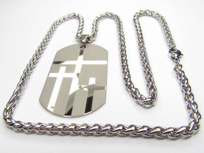 Large silver 3 crosses dog tag necklace handmade triple cross custom personalized waterproof stainless steel