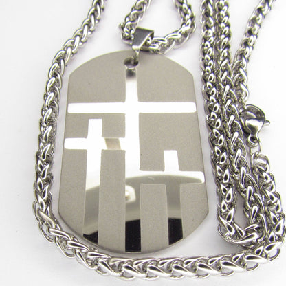 Large silver 3 crosses dog tag necklace handmade triple cross custom personalized waterproof stainless steel